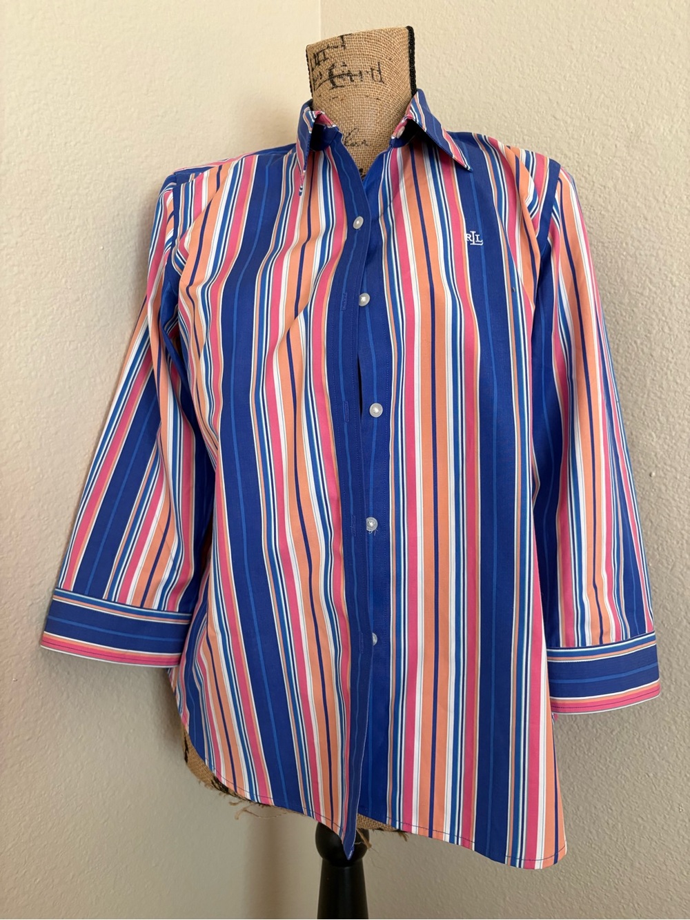 Ralph Lauren Blue & Pink Striped women's Button-Up Shirt Petite L